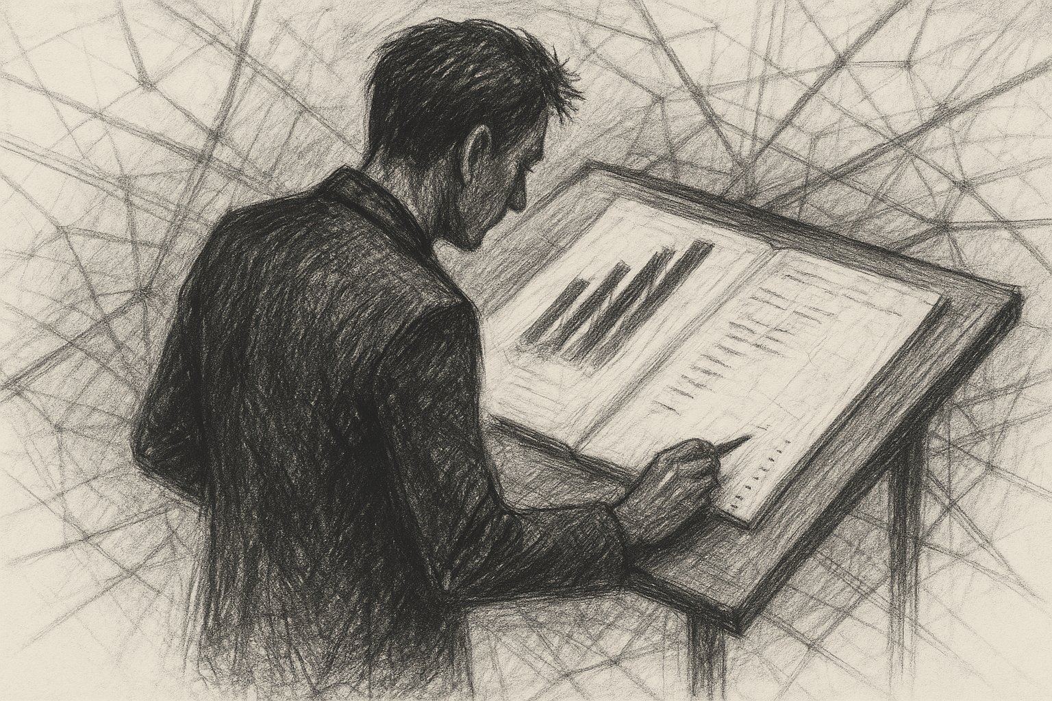 Graphite editorial illustration of an operator studying a ledger where tallied benefits flow toward him and a separate column of small harms drains toward people off-frame.