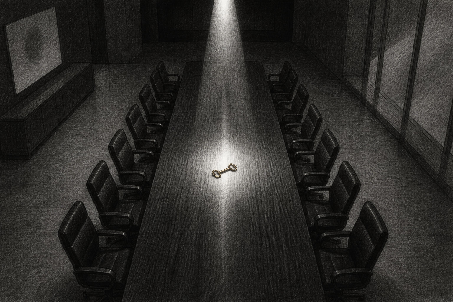 Editorial graphite illustration seen from high above a long dark boardroom table with every chair empty, one small brass key resting at the center of the table in the only pool of light