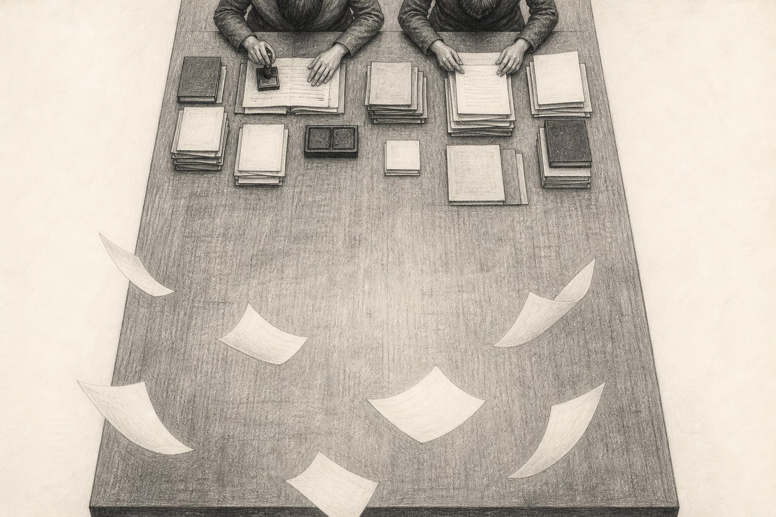 Editorial graphite illustration viewed from above of one long worktable: at the far end two figures work face-down over neat stacks of documents, while at the near end the same table sits empty and loose pages lift flat off the surface into the air