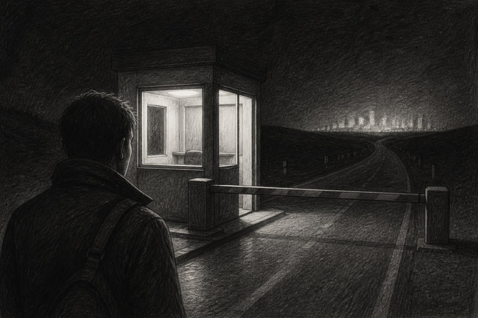 Editorial graphite illustration of an empty border checkpoint booth lit from inside at night, a striped barrier arm down across the road, with one lone traveler seen from behind and the road continuing into darkness toward a distant city glow
