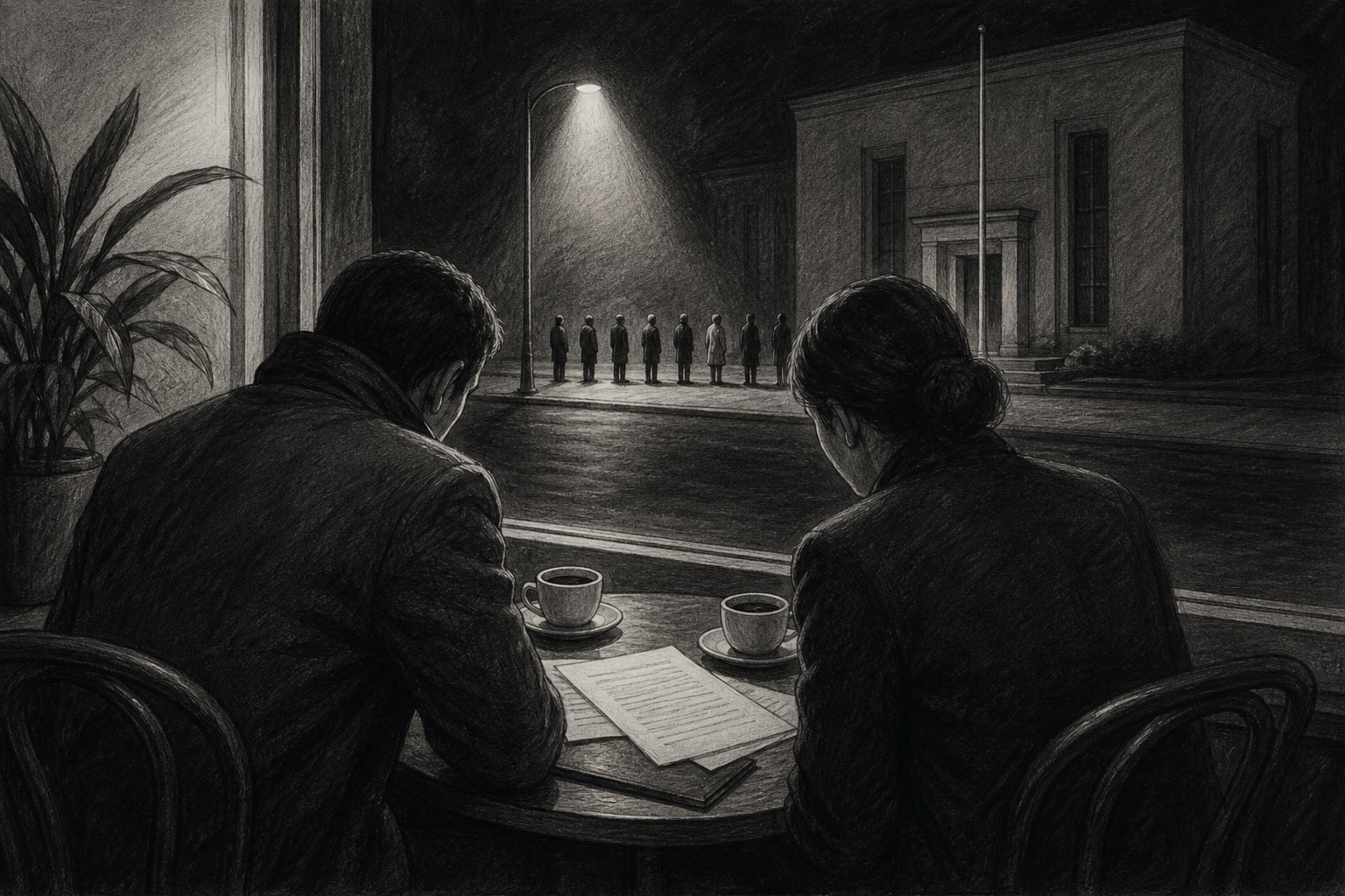 Editorial graphite illustration seen from behind two anonymous figures at a cafe table at night, while outside the window a motionless line of figures waits under a streetlamp beside a dark civic building