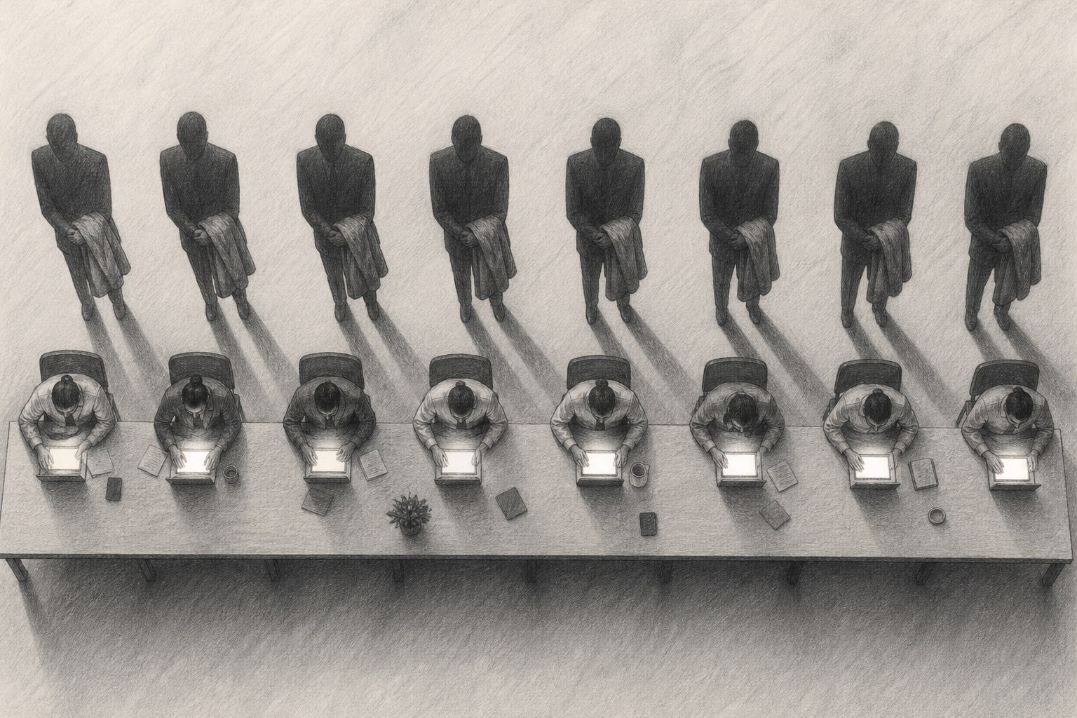 Editorial graphite illustration from above of workers face-down at a long table while tall uniform shadow-figures stand behind each chair holding folded coats