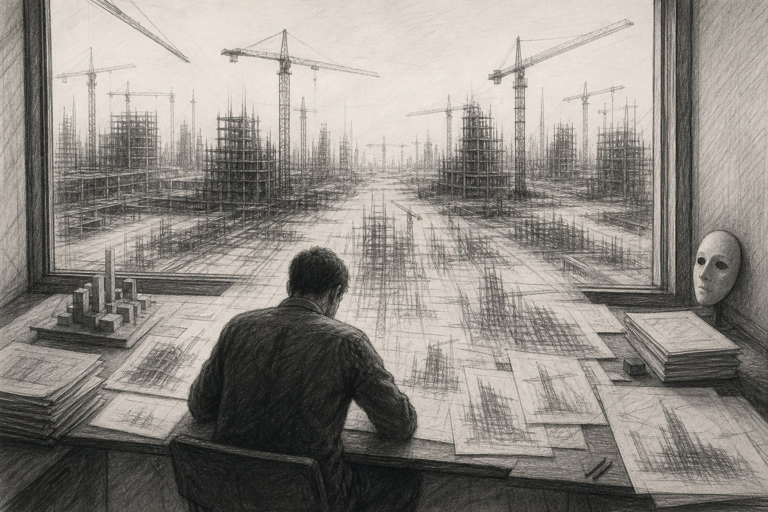 Editorial graphite illustration of a figure seen from behind at a wide desk, sketching towers and cranes on paper that continues out the window into a real construction site of tower cranes and half-built high-rises