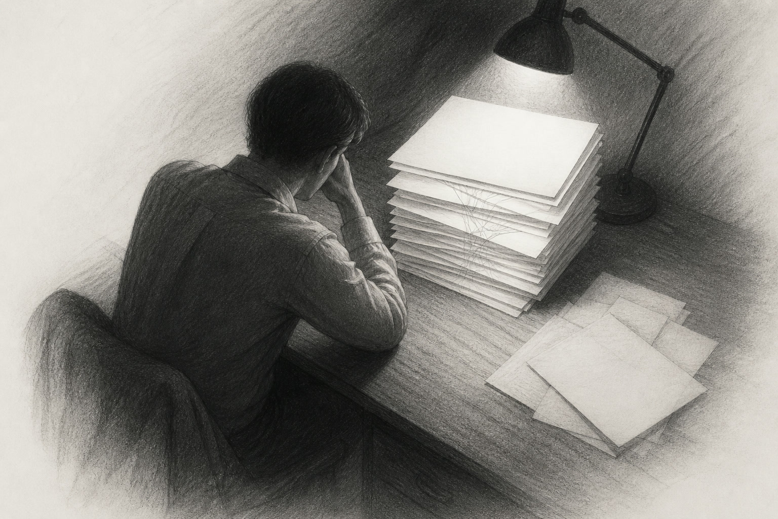 Editorial graphite illustration of an anonymous auditor at a desk at night under a single lamp, magnifying a stack of ordinary-looking documents while faint mirrored code traces pass between papers he has not yet read