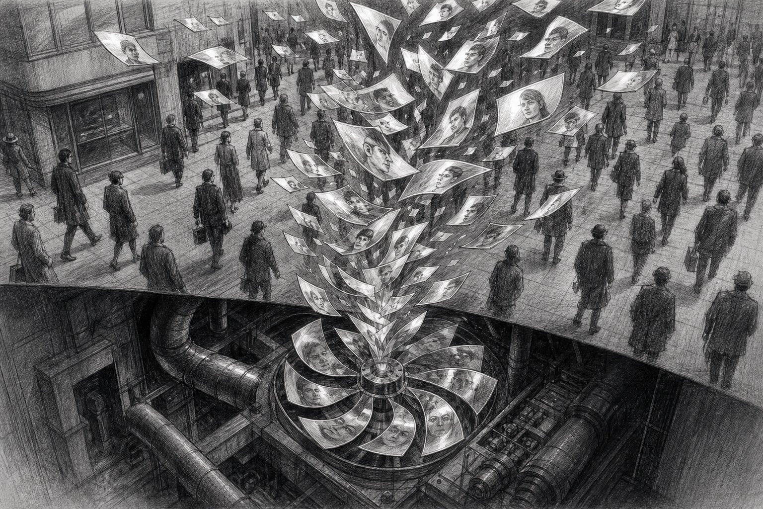 Editorial graphite illustration of a street where identical paper portraits spiral upward in a vortex from a grate while machinery processes them below the pavement