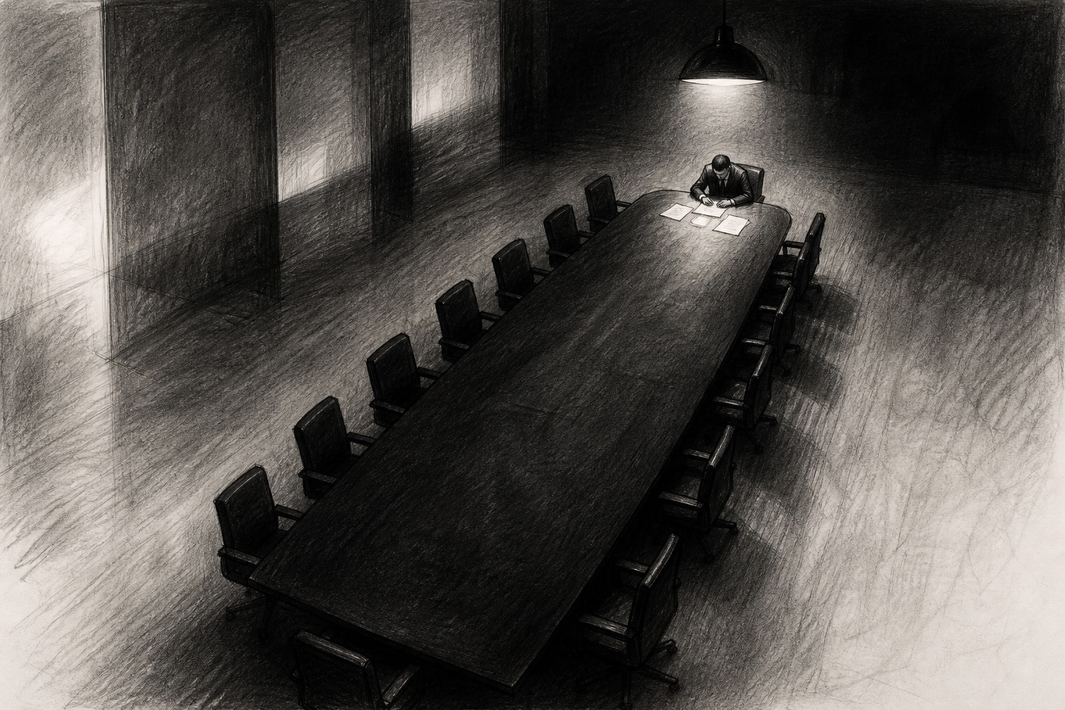 Editorial graphite illustration of a vast executive boardroom seen from above, a long dark table set with a dozen empty chairs, and one lone figure at the far end seated face-down over scattered papers in a single pool of light while the rest of the room dissolves into graphite darkness