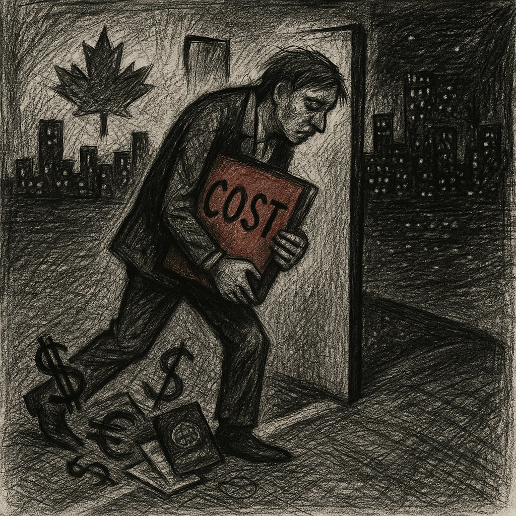 Editorial graphite illustration of a worker crossing a border while carrying a cost book