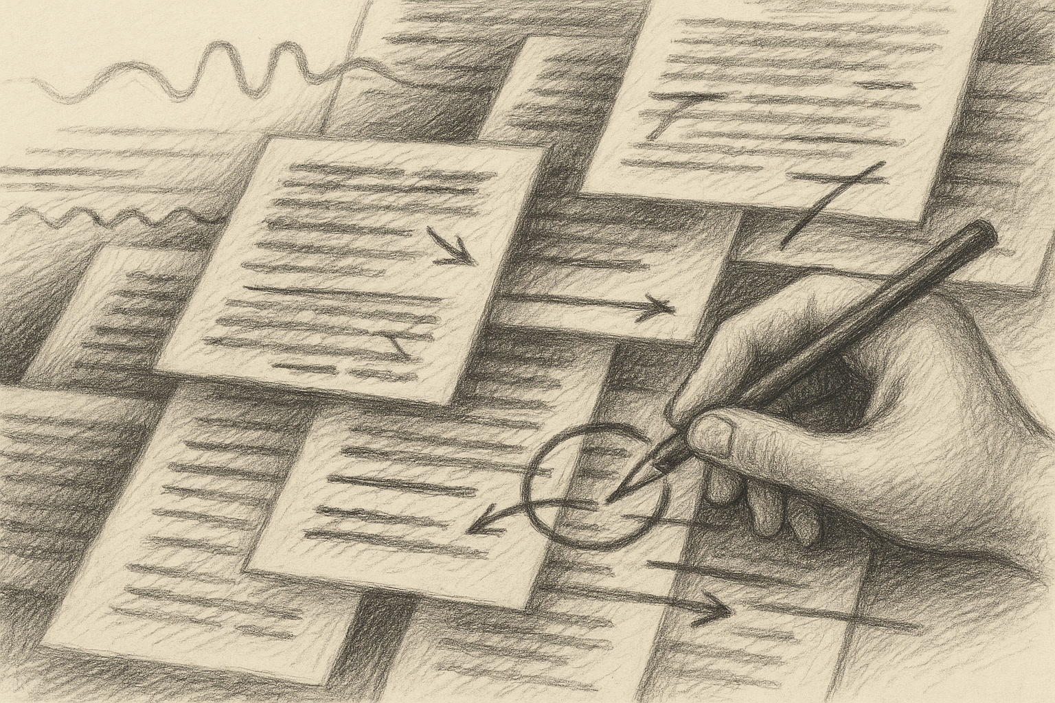 Abstract graphite editorial drawing of marked manuscript fragments, dictated lines, and revision routes being shaped into deliberate prose by human judgment.
