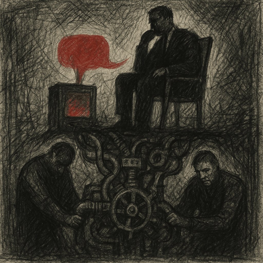 Editorial graphite illustration of a shadowed executive seated above two workers operating a machine, with a red speech-bubble accent