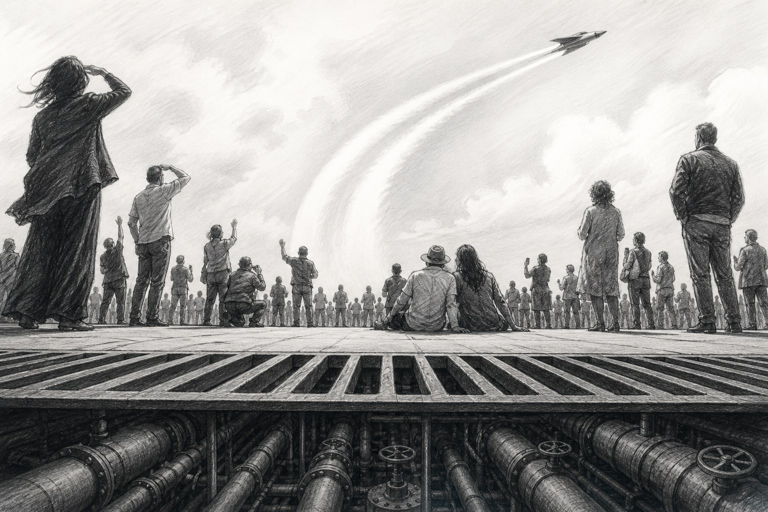 Editorial graphite illustration of a crowd looking up at a vehicle arcing overhead in a triumphal contrail while pipes and valves run beneath their feet