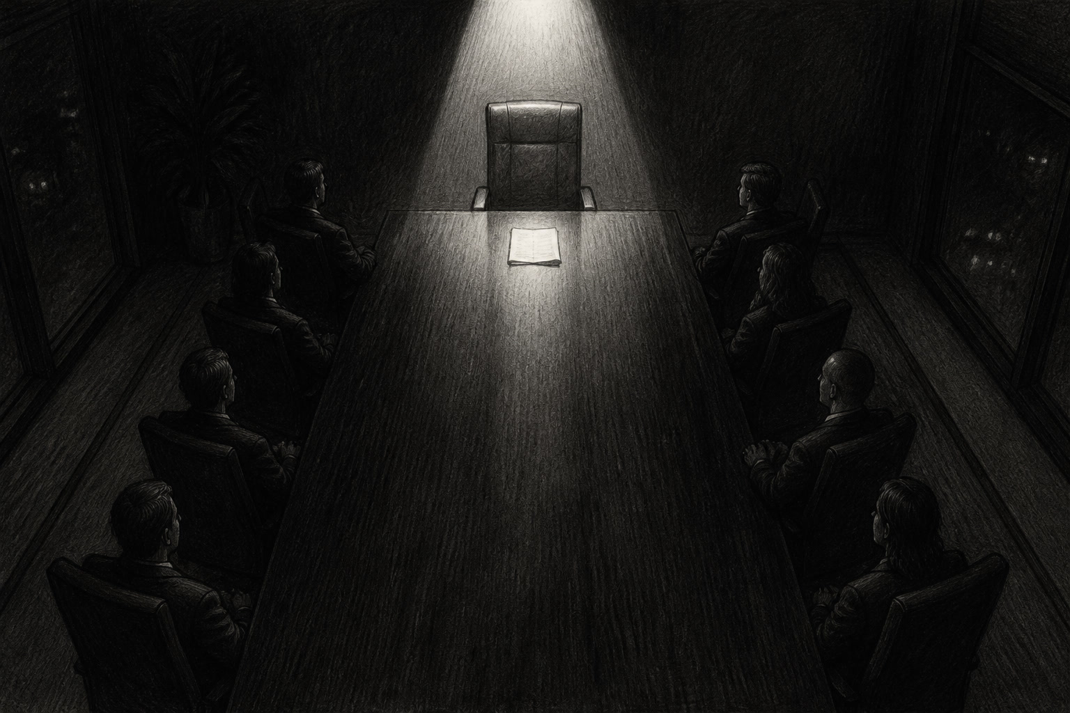 Editorial graphite illustration of a corporate boardroom with one empty chair set apart, a paper trust document resting on it.