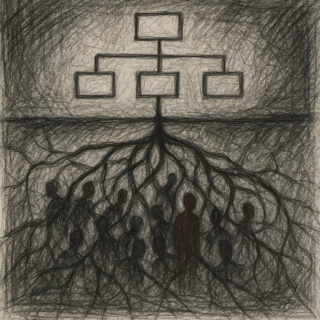 Editorial graphite illustration of a blank org chart floating above a dark tangle of root-like lines, with featureless figures standing in the web below and one figure highlighted in rust red