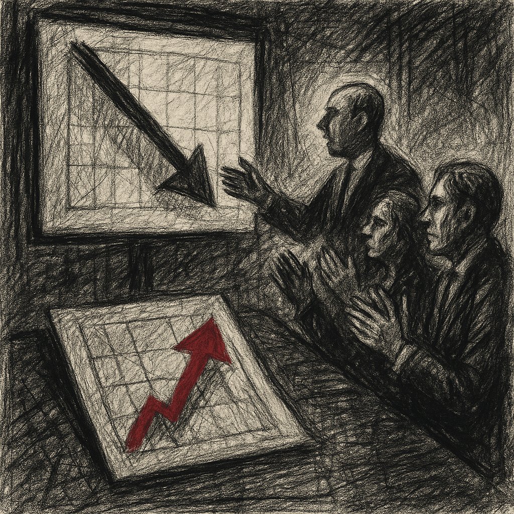 Editorial graphite illustration of a presenter gesturing at a wall chart with a downward arrow while the underlying chart shows an upward red trend line