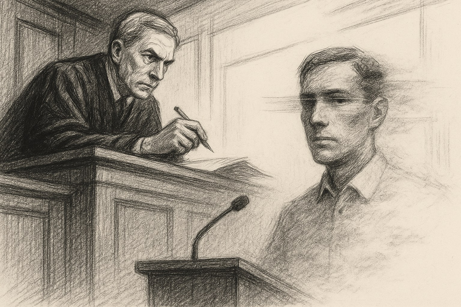 Editorial graphite illustration of a judge at a high bench noticing that the witness at the lectern is only half-drawn, his face dissolving into pencil dust and erasure.