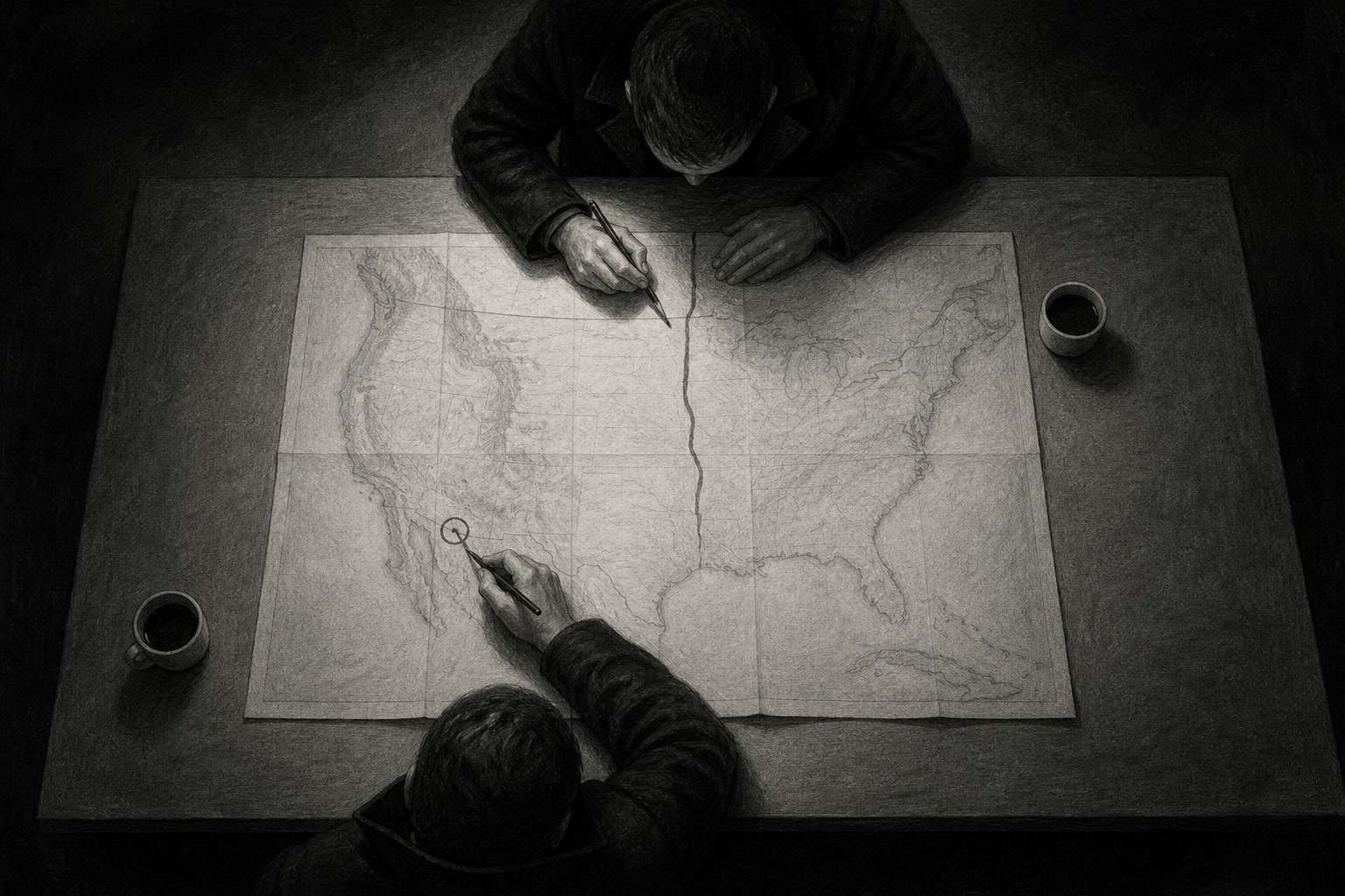 Editorial graphite illustration of two anonymous figures at a table dividing a map of North America with a drawn line, lit from above.