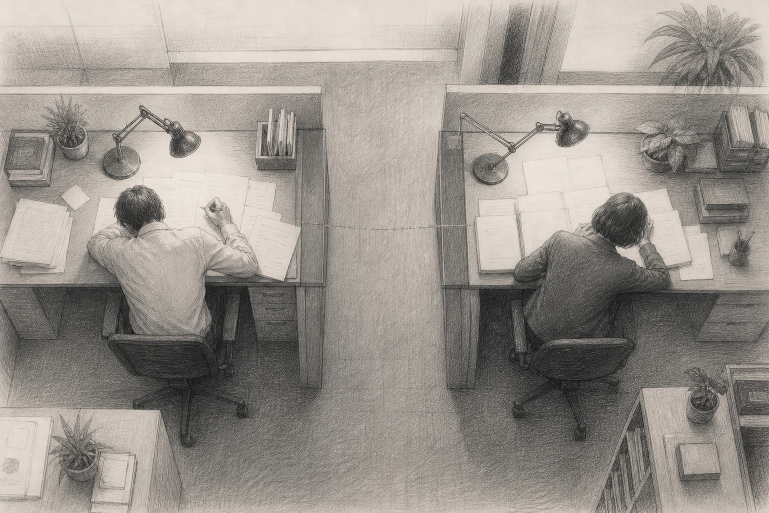 Editorial graphite illustration of two office towers seen from far above, connected by a thin barely-visible thread of light passing between their windows while the street below stays unaware