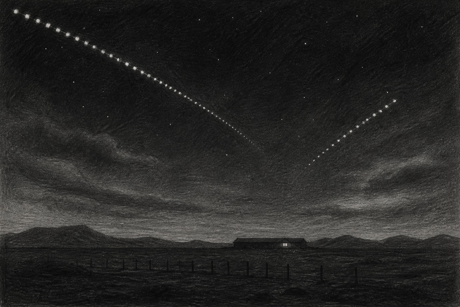 Editorial graphite illustration of a night sky over dark northern lowlands crossed by a long straight line of low border posts, two trails of satellite lights overhead angled away from each other, and one small lit window low on the horizon