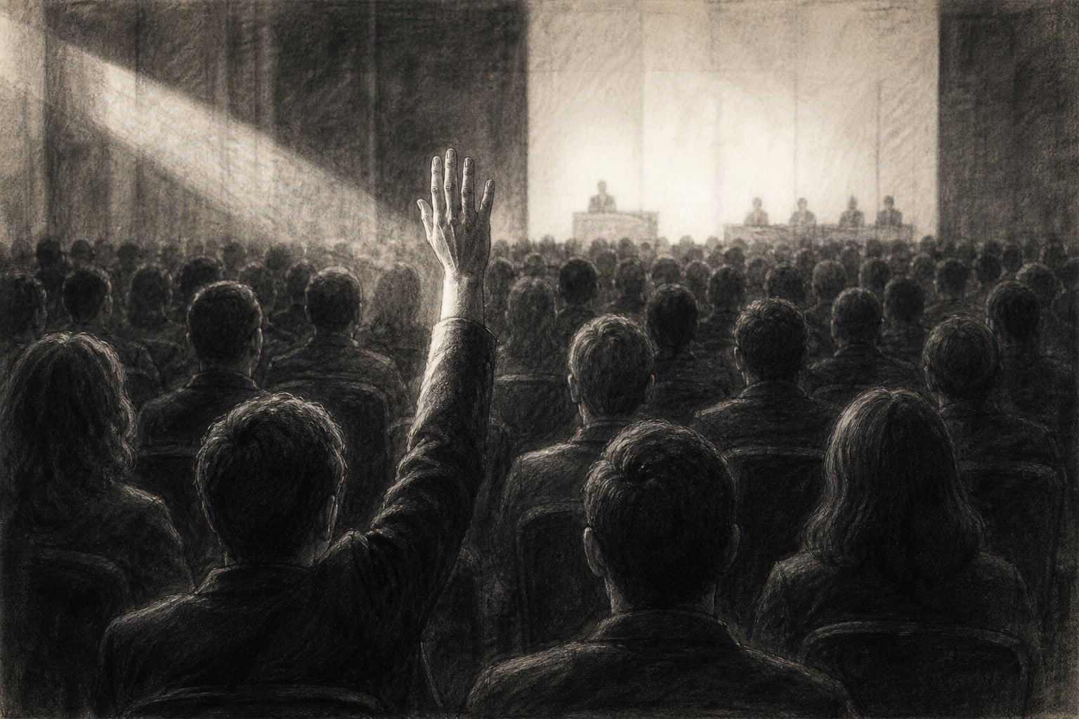 Editorial graphite illustration of a raised hand among rows of faceless seated figures in a dim auditorium, the one hand catching a narrow beam of light while the speaker's stage glow stays far away