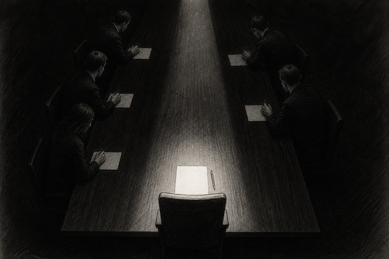 Editorial graphite illustration seen from high above of five figures with heads bowed or turned away around a long dark conference table covered in blank papers, one empty chair at the head of the table lit by a single ceiling light