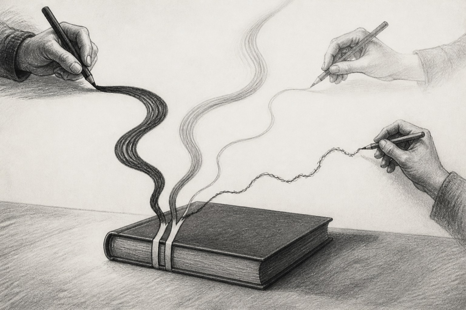 Editorial graphite illustration of a closed book with three voice-ribbon lines rising from its spine, each drawn by a different visible hand with a different stroke