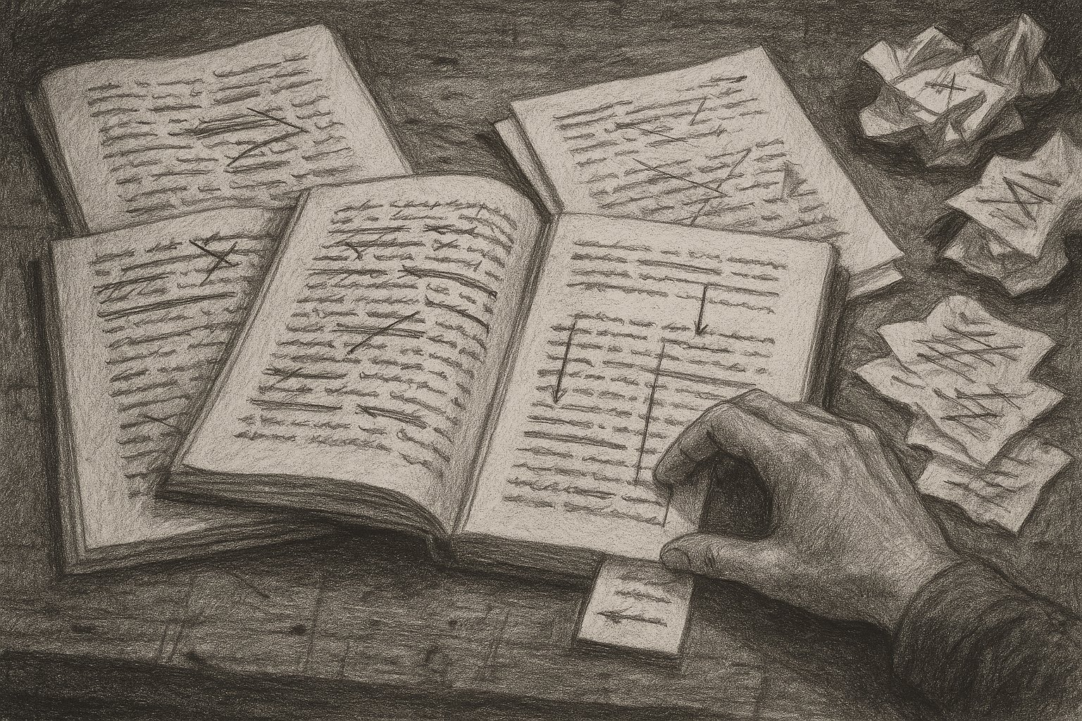 A human hand orders three marked-up manuscripts among dictated fragments and crossed-out pages in a stark graphite editorial scene.